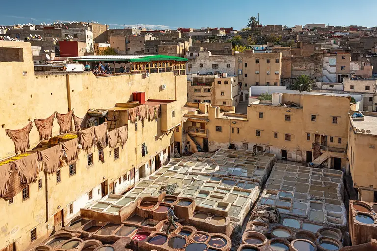 The dye pits of the Chouara tannery among the old houses of the Fes medina