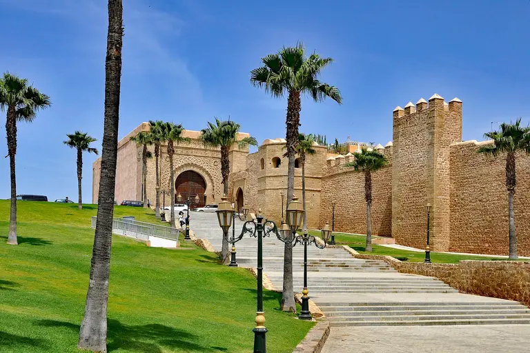 The ochre walls and gardens of the Kasbah of the Udayas in Rabat